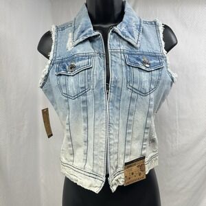 Amethyst Jeans Women Denim Vest Light Wash Distressed Frayed Zip Front Size S